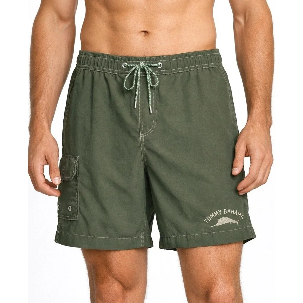 Tommy Bahama Swim Trunks Mens Size Large Olive Green Relax Cargo Mesh Liner Good